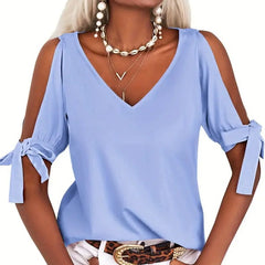 Womens Summer Cold Shoulder Tops Short Sleeve Tie Knot V Neck T Shirts Blouses