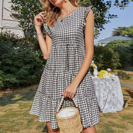 Plaid Flying Sleeves Mid-length Dress