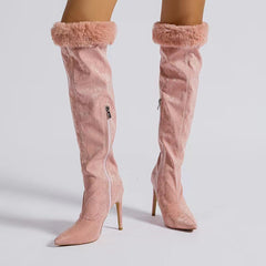 Fine Heel Boots Large Tube Girth Pointed Tip Sleeve Lace Boots