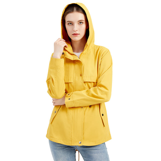 Windbreaker Mid-length Hooded Jacket With Waist Waist Outdoor Raincoat