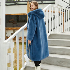 Women's Faux Fur Long Hooded Faux Rabbit Plush Jacket