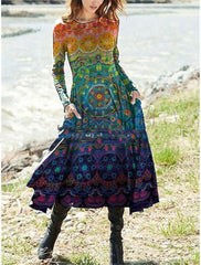 Popular Floral Print Pocket Round Neck Dress