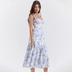 Spring And Summer Comely Pastoral Style Sling Floral A Swing Cake Dress