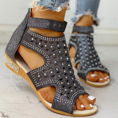 Rhinestones Sandals Summer Peep-toe Hollow Out Shoes Men With Back Zip Design