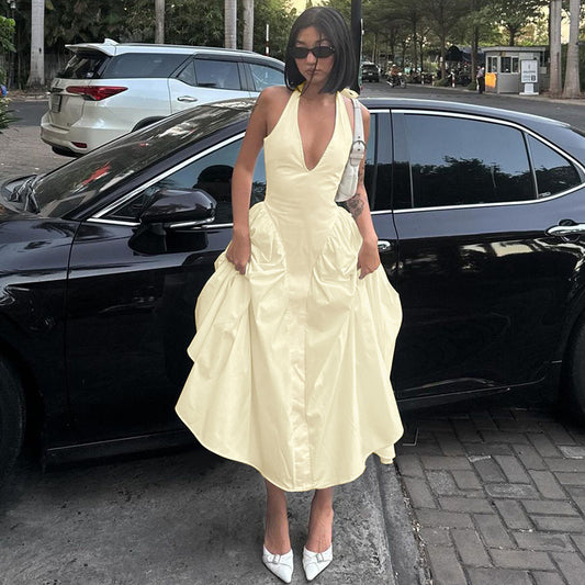 Halter Elegant Large Swing Skirt Dress Women's Clothing