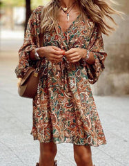 New Printed Long Sleeve A-Line Boho Dress