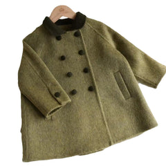 Children's Retro Army Green Woolen Coat Mid-length Woolen Coat