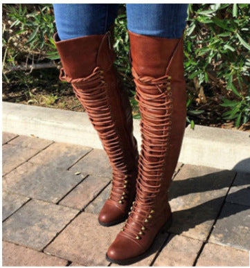 Women's Retro Pu Cross Strap Block Heel Knee Boots – view 7