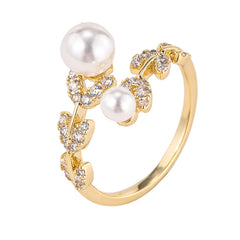 Leaf Pearl Open Adjustable Ring