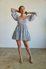 Square Collar Short Sleeve Plaid High Waist Dress