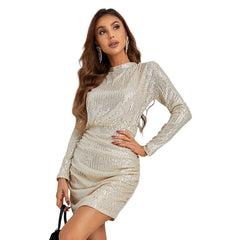 Women's Round Neck Sequined Long-sleeved Waist Sexy Dress