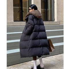 Women's White Duck Down Long Hooded Warm Puffer Jacket