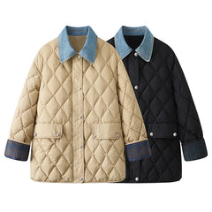 Denim Stitching Diamond Plaid Cotton Coat Jacket Women