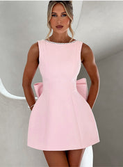 Fashion Big-Bowed Pearls Backless Dress Summer Slim Sleeveless A-line Dresses For Party Evening Women's Clothing