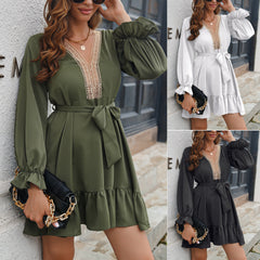 Temperament Lace V-neck Ruffled Large Swing Dress