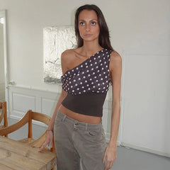Polka Dots Print Oblique Shoulder Tops Summer Patchwork Chiffon Crop Backless Blouse Casual Streetwear Tee