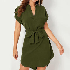 V-neck Short Sleeve Dress With Belt Summer Fashion Bowknot Dresses For Women Clothing
