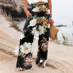 Women's Casual Wide-leg Cotton And Linen Printed Loose Trousers