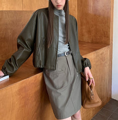 Autumn Drawstring Simple  Leather Jacket Top Fashionable Clothing