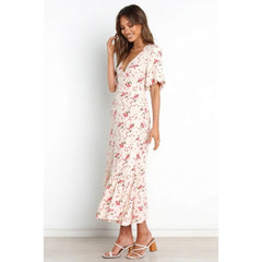 New Sexy Deep V Short Sleeve Printed Pleated Dress