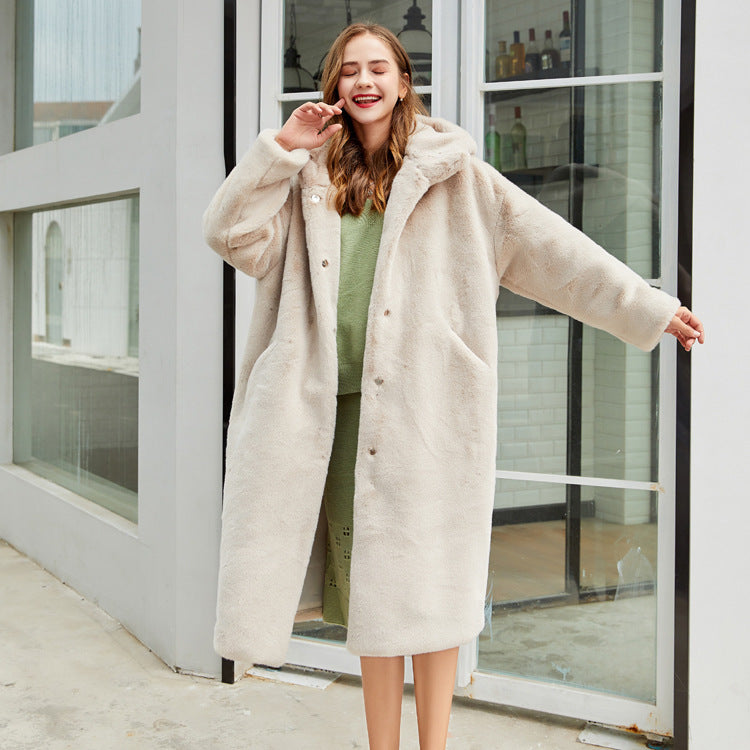 Women's Faux Fur Long Hooded Faux Rabbit Plush Jacket