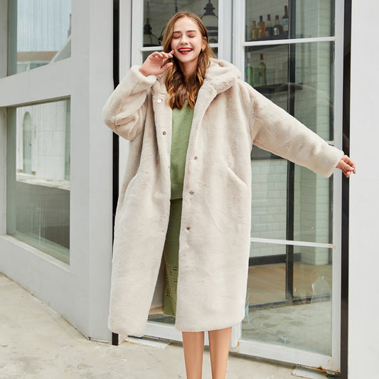Women's Faux Fur Long Hooded Faux Rabbit Plush Jacket