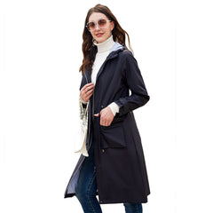 Long Casual Windbreaker Women's Waterproof Hooded Solid Color  Striped Lining Straight Coat