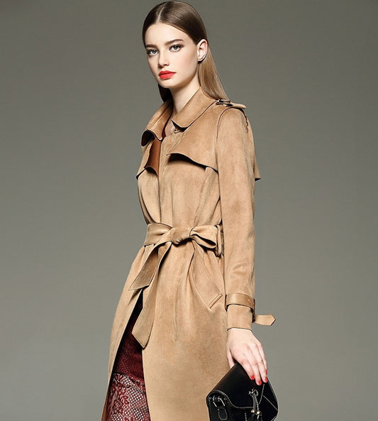 Autumn and winter long slim slimming suede temperament windbreaker