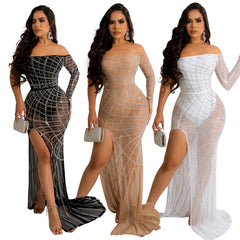 European Style Sexy Off-the-shoulder See-through Hot Drilling High Slit Dress