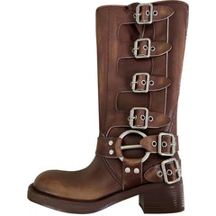 Female Genuine Leather Retro Metal Leather Ring Knee Boots