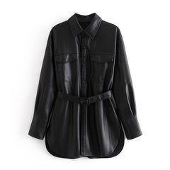 Women's Mid-Length Tunic Leather Shirt Jacket