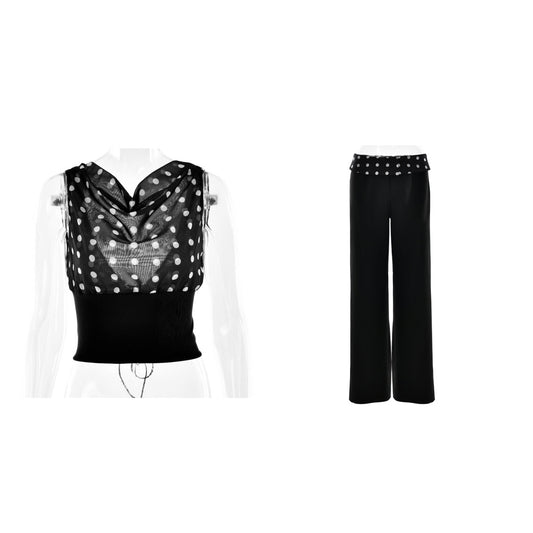 Polka Dots Print Oblique Shoulder Tops Summer Patchwork Chiffon Crop Backless Blouse Casual Streetwear Tee
