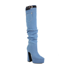 Women's Pointed Toe Platform Chunky Heel Denim Straight Over Knee Boots