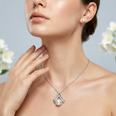 Sea Pearl Chevron Pendant Necklace & Earring Set – Silver-Tone CZ Jewelry