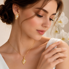 Natural Sea Pearl Leaf Necklace & Earring Set – Gold-Tone Bridal Jewelry