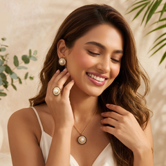 Sea Pearl Sunburst Jewelry Set – Gold-Tone Necklace, Earrings & Ring