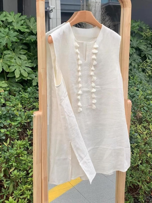 Linen Vest For Women Mid-length Unique Tassel Sleeveless Shirt Summer
