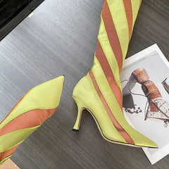 Pointed Heel Elastic Thread Stitching Mesh Long Tube Over The Knee Boots