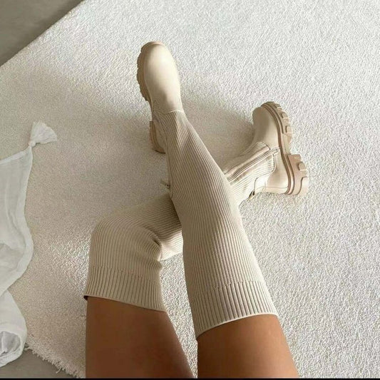 Women's Over-the-knee Round Toe Pure Color Flying Knit Socks Boots