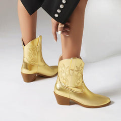 Mirror Patent Leather Embroidery Knee Boots Pointed Mid-calf Embroidery Chunky Heel