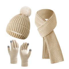 Solid Color Woven Hat Scarf And Gloves Warm Set