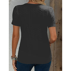 Women's V Neck Short Sleeve Eyelet Tops Summer Casual Loose Fit Button T Shirts