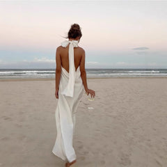 Vintage White Crochet Halter Evening Dress