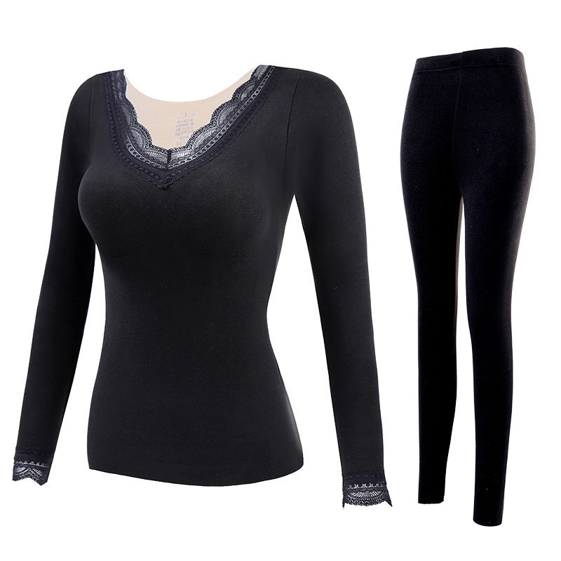 Thermal Underwear Women's Suit With Chest Pads Sexy V-neck Lace Long Sleeves