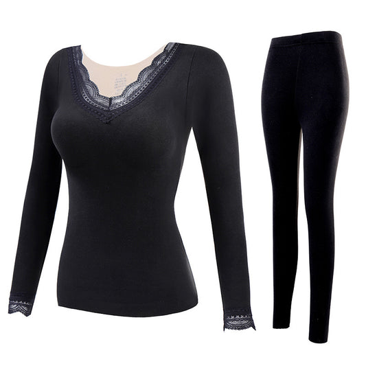 Thermal Underwear Women's Suit With Chest Pads Sexy V-neck Lace Long Sleeves