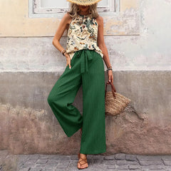 Women's 2 Piece Outfits Summer Casual Sleeveless Halter Neck Crop Tops Wide Leg Pants Set