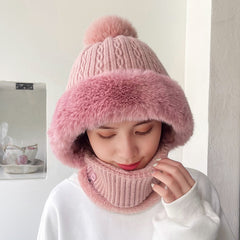 Twist Stripes Knitted Hat Scarf One-piece Fleece-lined Kit
