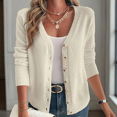Women's V-Neck Button Front Long Sleeve Knit Cardigan For Spring & Fall Elegant For Casual Wear
