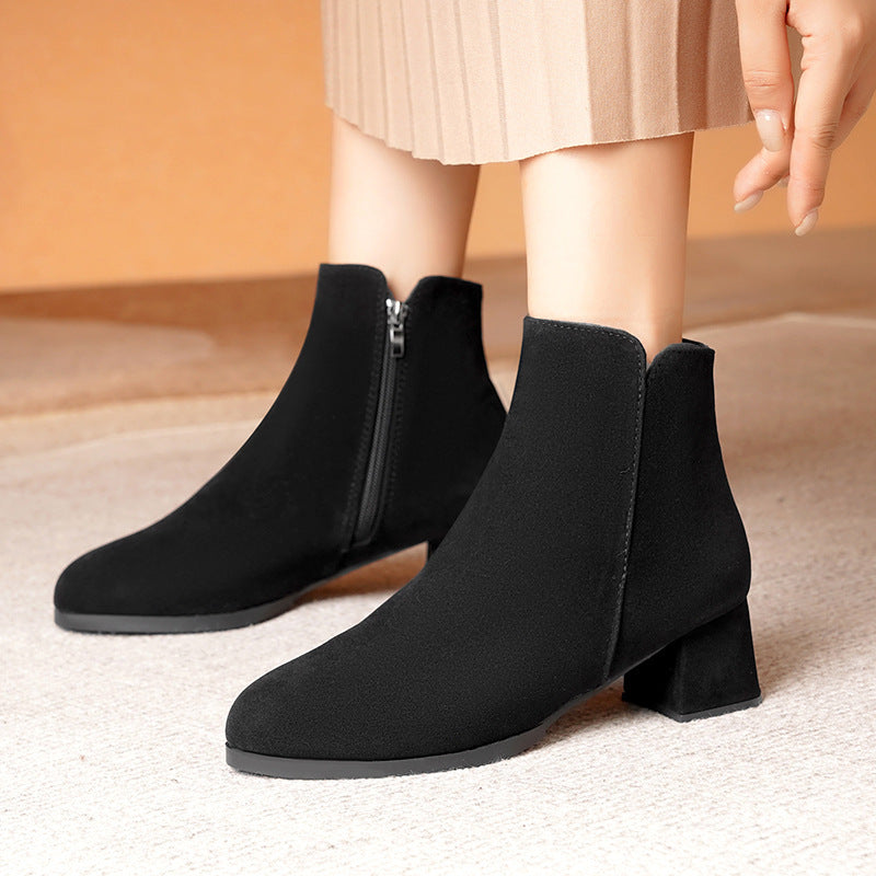Pointed-toe Frosted Suede Side Zipper Chunky Heel Mid Heel Plus Size Female Boots – view 5