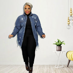 Women's Coat Cardigan Ripped Wash Denim Trench Coat
